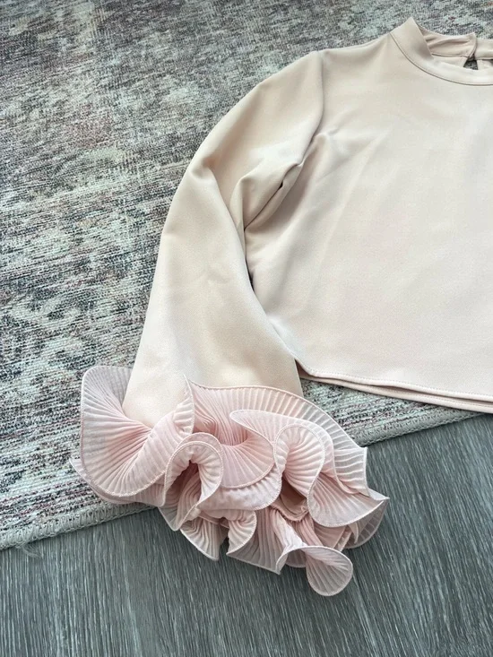 Zara Blush Pink Long-Sleeve Top with Pleated Ruffle Cuffs - Picture 2 of 6